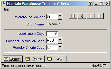 Maintain Warehouse Transfer Criteria