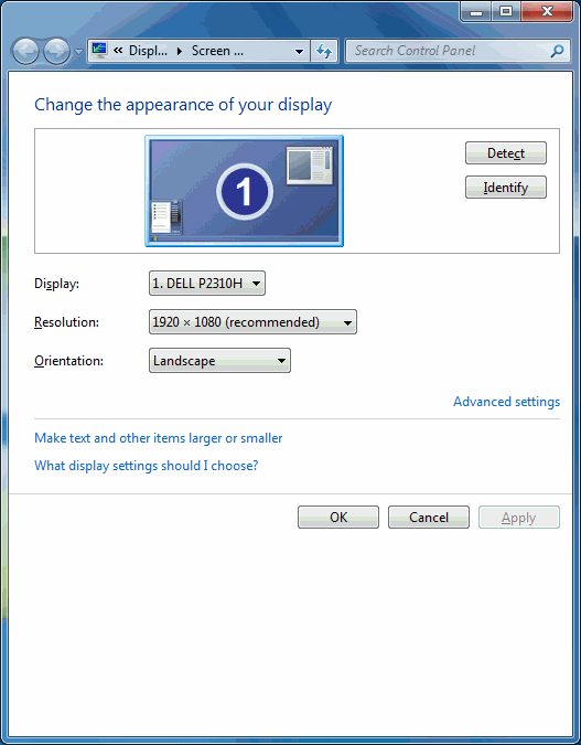 Displays Settings in W7