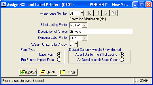 Vervolgen koolstof kop Assign BOL and Label Printers (OE01)