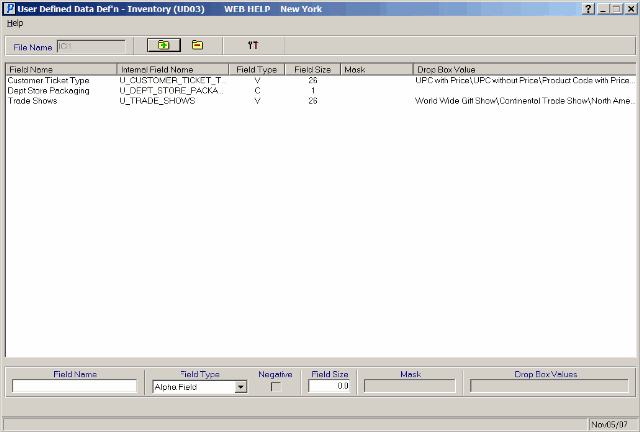  User Defined Data Defn  Inventory (UD03)