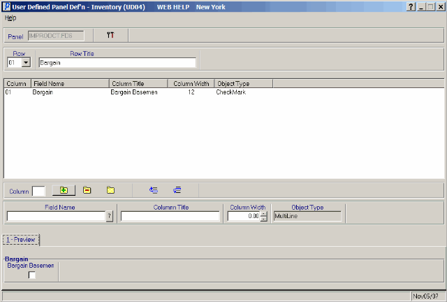 User Defined Panel Defn  Inventory (UD04) 