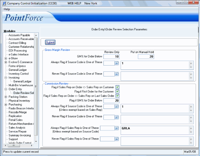 Order Reivew Selection Parameters