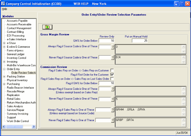 Order Reivew Selection Parameters