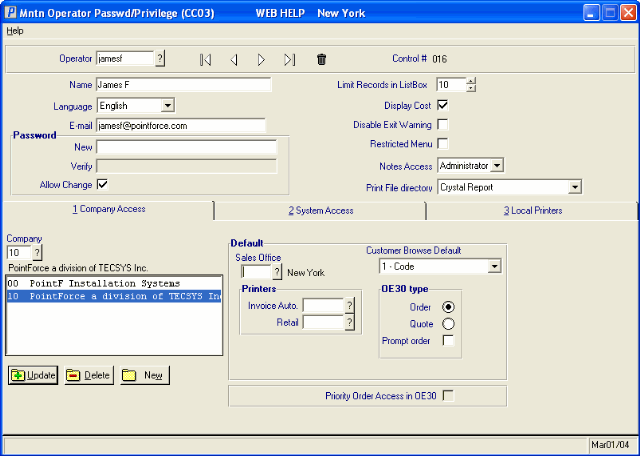 Maintain Operator Password/Privilege