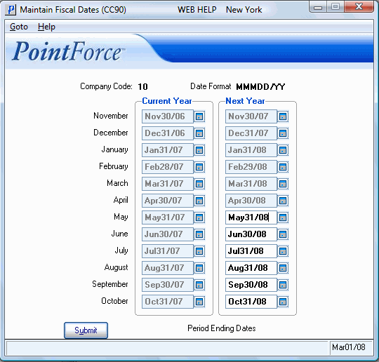 Maintain Fiscal Dates (CC90)