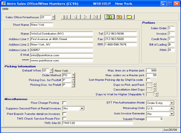 Maint Sales Office/Whse Numbers (CC96)