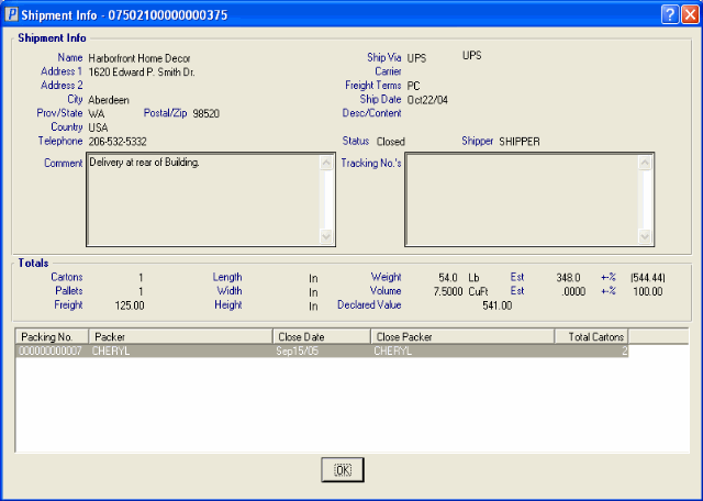 OE45 Shipment Info