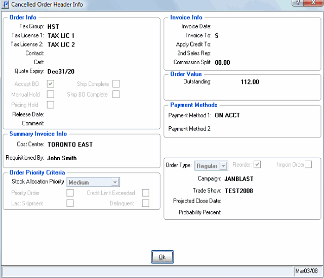 OE46 Cancelled Order Header Info