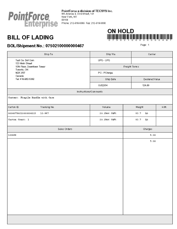 Bill of Lading form