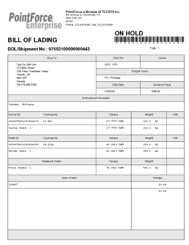 Bill of Lading form