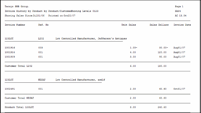 SA84  Print Prod/Cust Sales Report