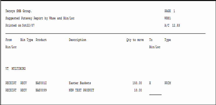 WH81  Suggested Putaway report example