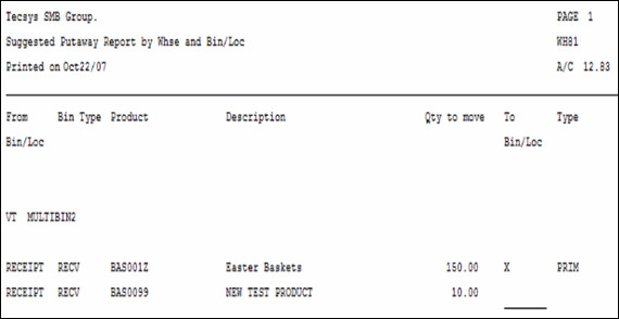 WH81  Suggested Putaway report example